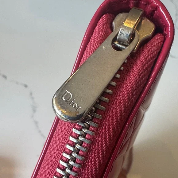 Dior Cannage Patent Leather Long Wallet Hot Pink Zip Clutch with Card - Picture 2 of 7